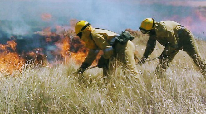 Bomberos frenando un incendio que se propaga en una zona de pastos no utilizados.